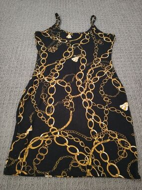 Timing Black Mini Slip Dress with Gold Chain Print